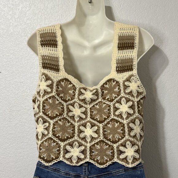 Granny Square Crochet Tank Top Brown Cream Y2K Boho Size S - Picture 4 of 10